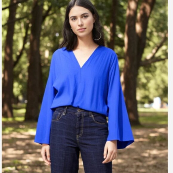 Alfani Tops - Alfani Blouse Top Women Size 14 Large Blue Bell Sleeves V-Neck Lined Polyester